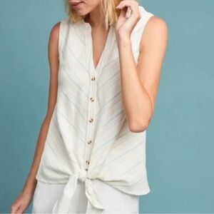 Anthropologie Maeve Blue Stripe Button/Tie Front Sleeveless Top Sz 0/XS Beachy